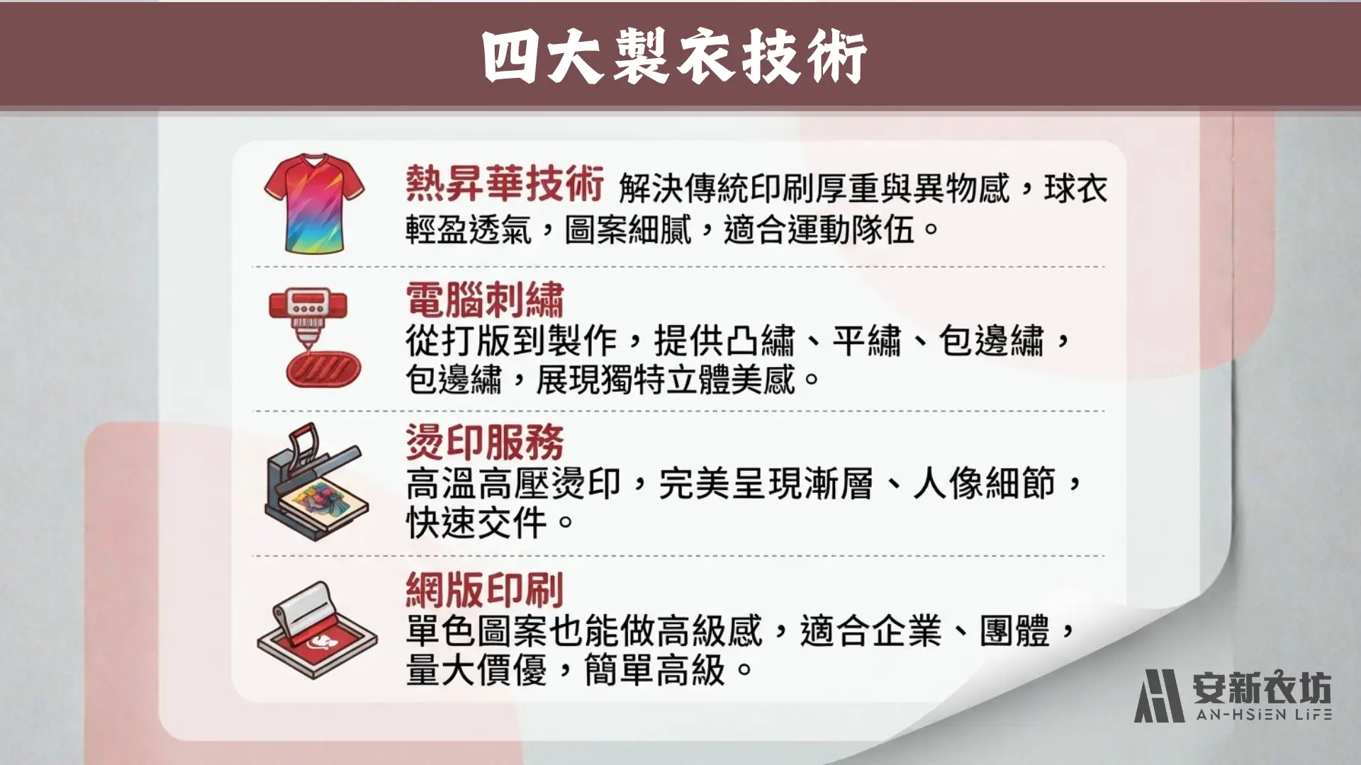 安新衣坊四大製衣技術:熱昇華、電腦刺繡、燙印與網版印刷